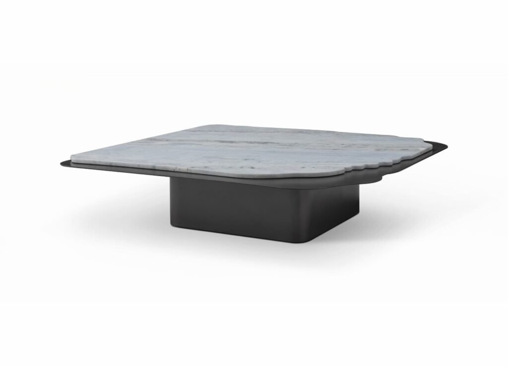 Natural Italian marble top coffee table with unique veining and metal base