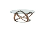 Barreiro round coffee table with dark brown sculptural wood base, brass gold accents, and thick tempered glass top