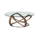 Barreiro round coffee table with dark brown sculptural wood base, brass gold accents, and thick tempered glass top
