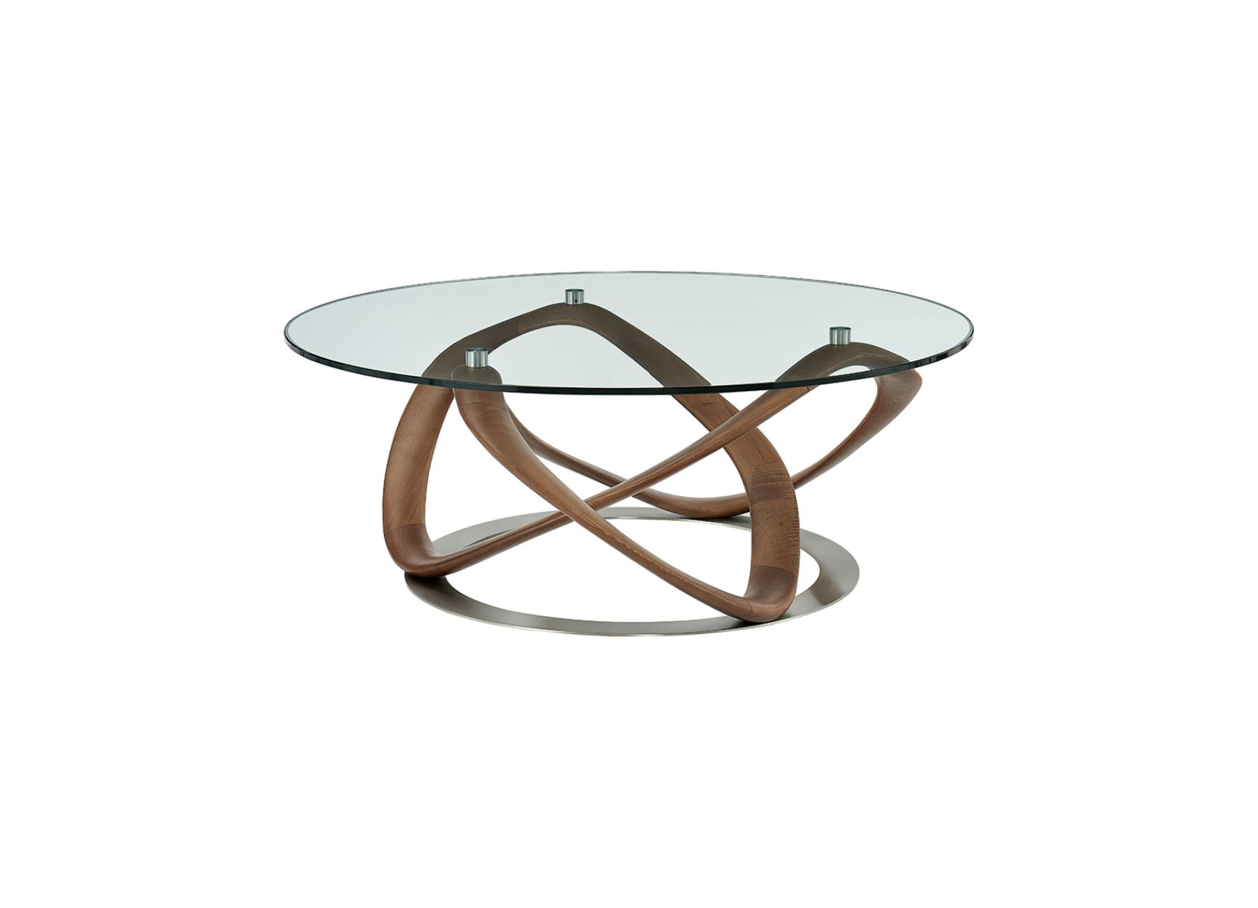 Barreiro round coffee table with dark brown sculptural wood base, brass gold accents, and thick tempered glass top