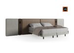 Alfa Modular Bed by Saloni with extended modular upholstered headboard and wood panels