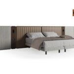 Alfa Modular Bed by Saloni with extended modular upholstered headboard and wood panels